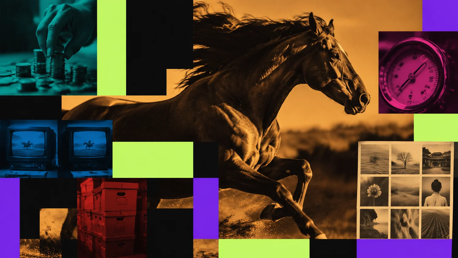 Editorial hero illustrating HappyHorse video model, generation discounts, board archives, storage health, and board performance